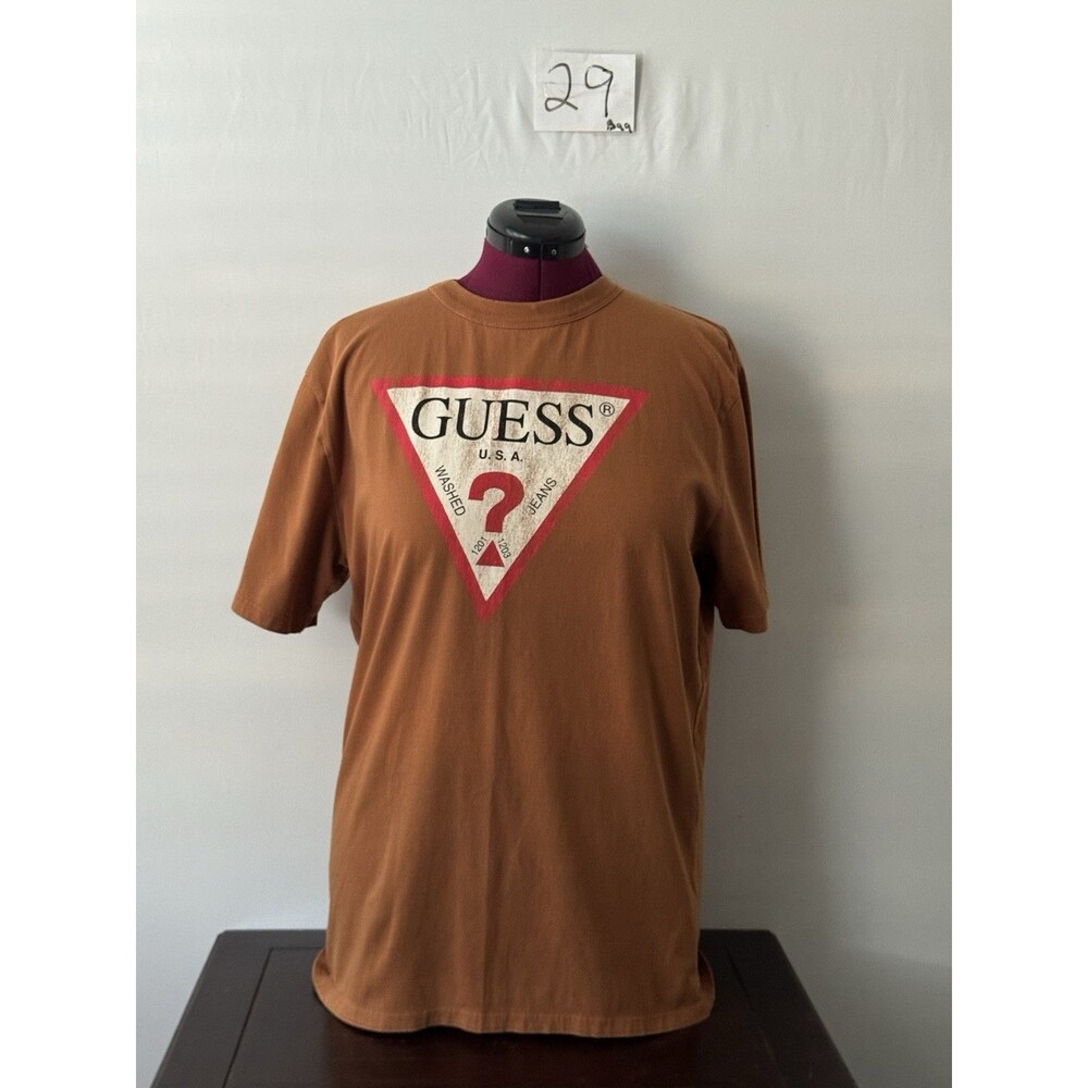 GUESS Jeans Triangle Logo Graphic T Shirt Brown Mens Medium Short Sleeve USA